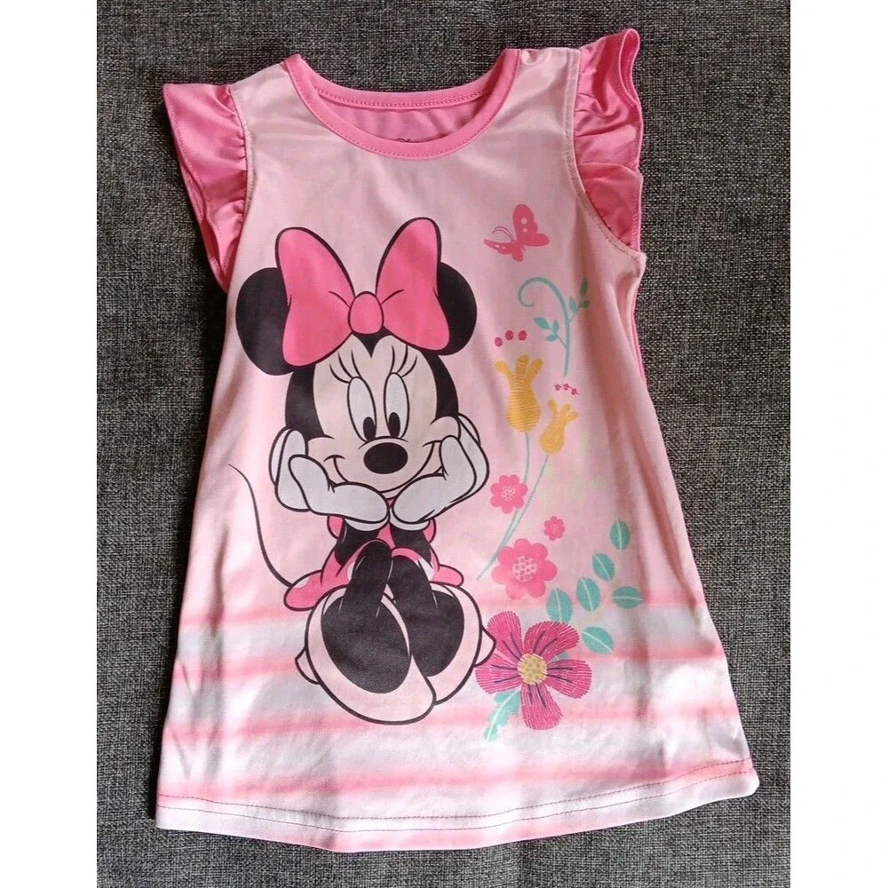 Shirt 2t Girls Disney Pink Night Gown pajama Minnie Mouse sleeveless ruffles